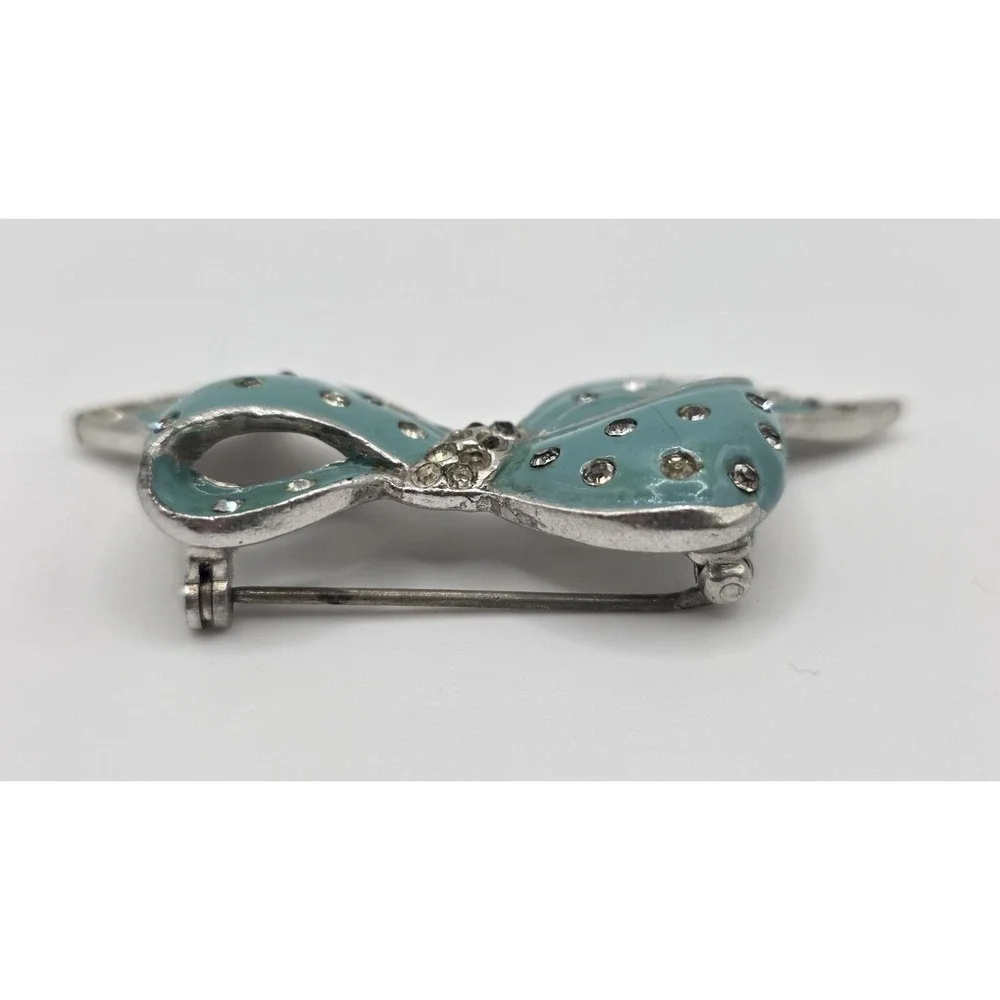 Vintage Silver Tone Blue Enamel Bow Brooch Rhinestone Statement Piece
